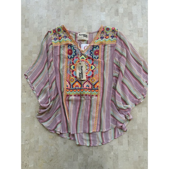 Savanna Jane Tops - Savanna Jane NWT Stripe Floral Embroidered Flowy Top S Colorful Boho Poncho